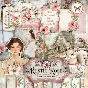 Kit Shabby Chic Rose Junk Journal (Pagine JPG stampabili con Ephemera, Copertina, Tag), Pastello, Uccello, Carta digitale Rose, Download digitale