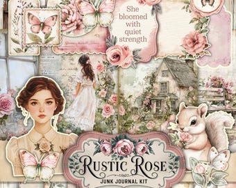 Zestaw dziennika Shabby Chic Rose Junk (do druku strony JPG z drobiazgami, okładka, tagi), pastel, ptak, róża papier cyfrowy, pobieranie cyfrowe