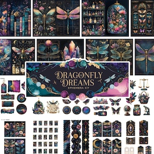 Celestial Dragonfly Junk Journal Kit, Vintage Printable Ephemera, Digital Collage, Scrapbook Crafting Kit, Floral Collage, Insect Ephemera