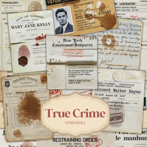 Paquete de efímeras de diario basura de crímenes reales vintage, hoja de collage imprimible, kit de álbum de recortes digital, páginas de contabilidad, postales, cartas escritas a mano