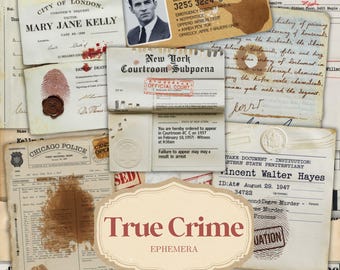 Vintage True Crime Junk Journal Ephemera Pack, printable collage sheet, digital scrapbook kit, ledger pages, postcards, handwritten letters