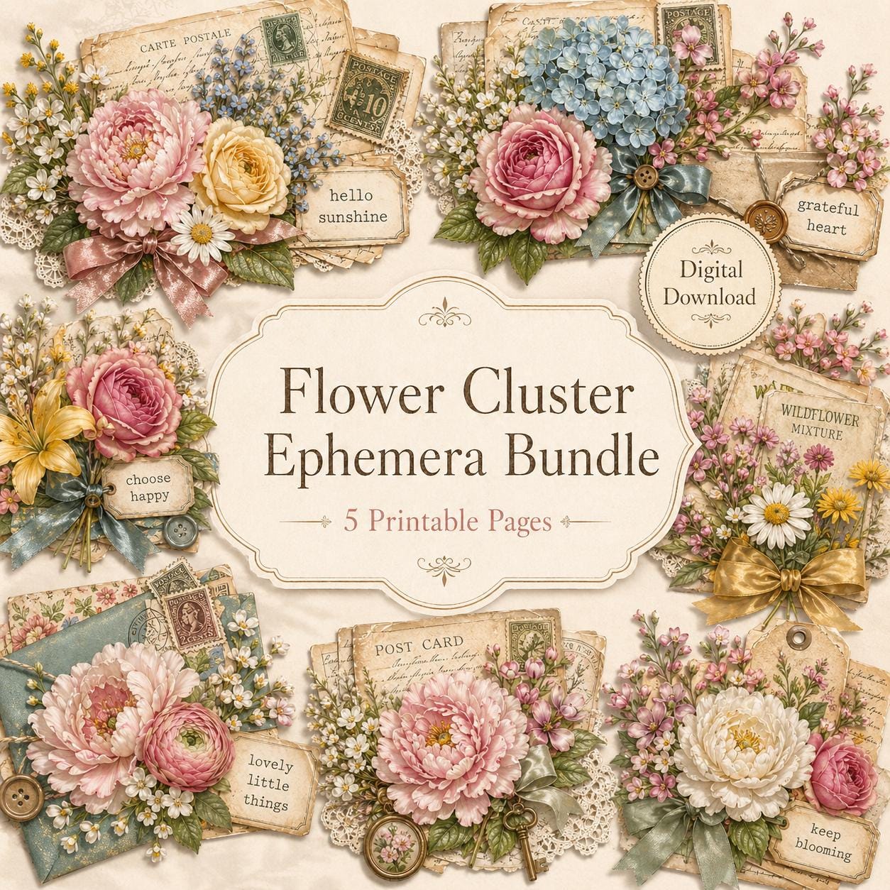 Flower Cluster Ephemera Bundle, Printable Floral Junk Journal Clusters ...