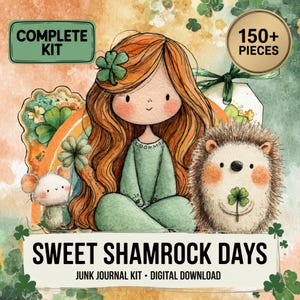Può includere: Kit di diario digitale a tema San Patrizio. L'immagine presenta una ragazza dei cartoni animati con i capelli rossi, un topo e un riccio, tutti con trifogli. Il testo include "Kit completo", "150+ pezzi" e "Sweet Shamrock Days".