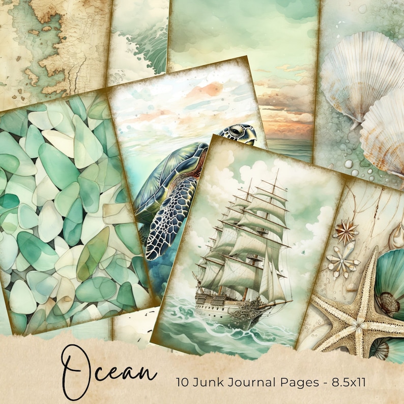 May include: Ten digital printable junk journal pages with an ocean theme. The pages feature images of seashells, a sailing ship, a turtle, and sea glass.