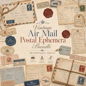 May include: A collection of vintage air mail postal ephemera, including postcards, stamps, and envelopes. The bundle features various designs, such as a postcard with the text "Just a little note to say I am thinking of you." and a receipt.