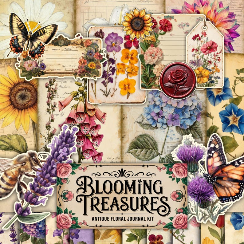 Op de afbeelding: Een digitale collagekit met vintage bloemenillustraties, vlinders, bijen en een titel die luidt "Blooming Treasures Antique Floral Journal Kit".
