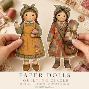 Pode incluir: Duas bonecas de papel com cabelos castanhos em tranças e lenços na cabeça. Uma boneca usa um vestido verde com avental amarelo, segurando um dedal e uma almofada de alfinetes. A outra usa um casaco de patchwork e uma colcha enrolada. Texto: PAPER DOLLS.