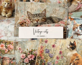 Puede incluir: Un collage de ilustraciones de gatos de estilo vintage. Las imágenes presentan varios gatos en diferentes poses, con fondos florales y antiguos. El texto "Vintage cats - 50 pages -" se muestra en una pancarta blanca. La paleta de colores incluye pasteles suaves y tonos apagados.