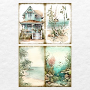May include: A collage of four watercolour paintings depicting a beach scene. The top left image shows a light blue and white beach house with a porch. The top right image shows a beach scene with green plants and seashells. The bottom left image shows a beach scene with palm trees and a blue ocean. The bottom right image shows an underwater scene with coral reefs and fish.