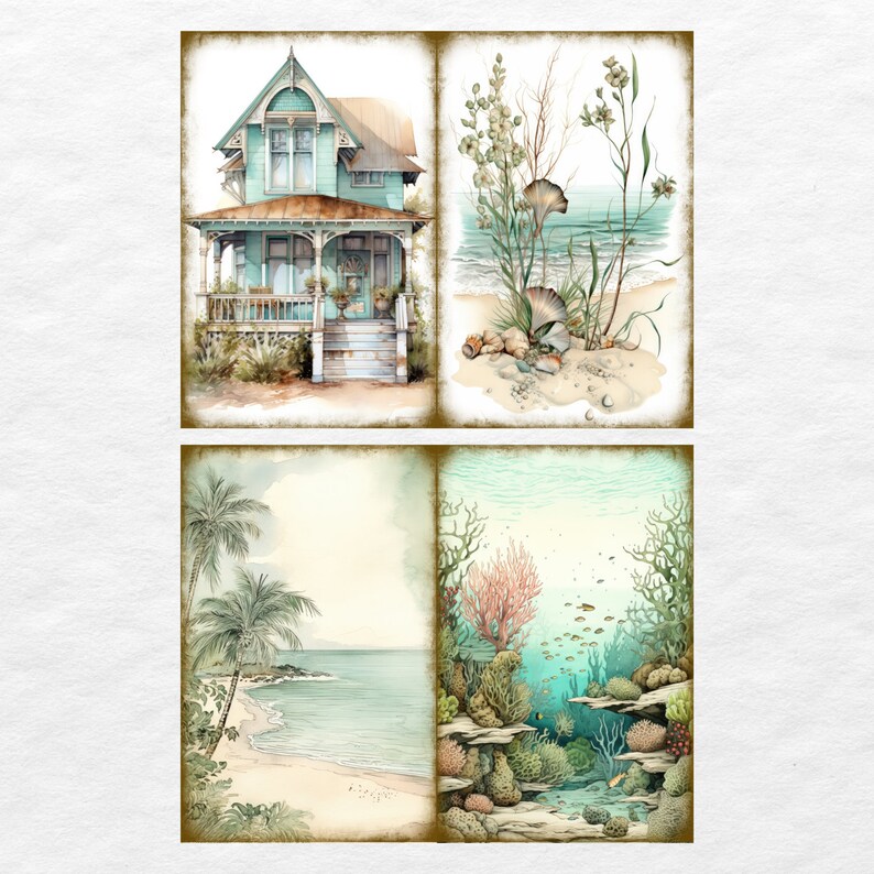 May include: A collage of four watercolour paintings depicting a beach scene. The top left image shows a light blue and white beach house with a porch. The top right image shows a beach scene with green plants and seashells. The bottom left image shows a beach scene with palm trees and a blue ocean. The bottom right image shows an underwater scene with coral reefs and fish.