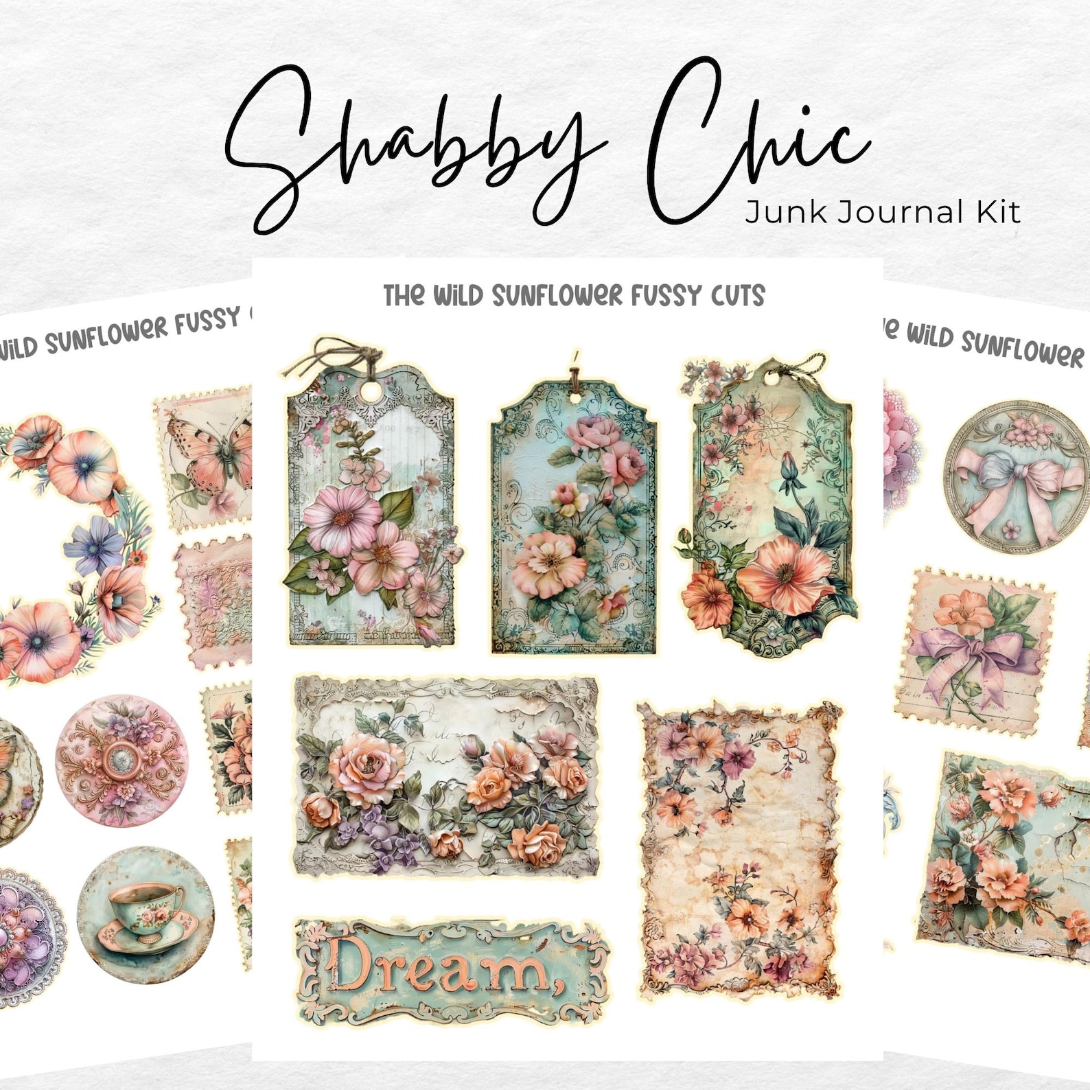 Shabby Chic Junk Journal Kit | Journal Pages, Papers, Ephemera, Tags ...