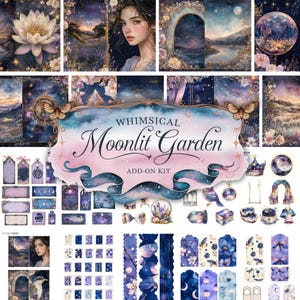Kit imprimable Journal indésirable du jardin au clair de lune, éphémères sorcières numériques, papier de scrapbooking lunaire, pages de fond gothique, fleur céleste, Bujo fantastique
