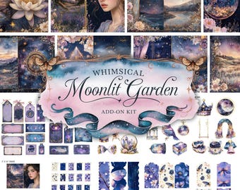 Kit para impressão de diário de lixo de jardim iluminado pela lua, itens digitais de bruxa, scrapbook lunar, papel de fundo gótico, páginas, flor celestial, fantasia, bujo