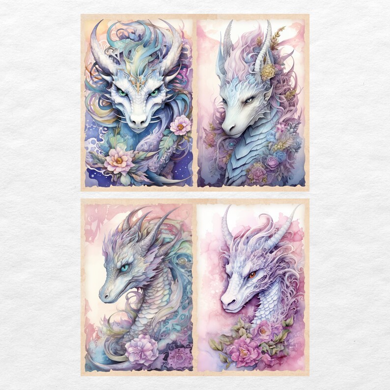 May include: Four digital art prints featuring white dragons with blue and purple scales and floral accents. The dragons are depicted with their heads turned to the side, and they are surrounded by flowers and leaves.