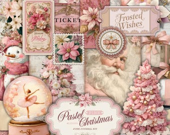 Christmas Junk Journal Kit Pastel Pink, Vintage Printable Ephemera, Digital Scrapbook Paper, Holiday Journal Supplies, Instant Download