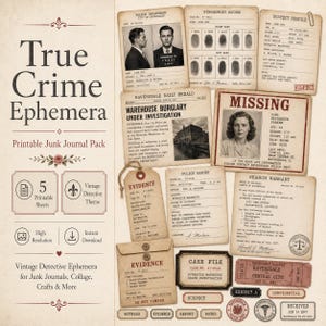Può includere: Una collezione di effimeri di crimini veri in stile vintage, tra cui rapporti di polizia, avvisi di persone scomparse ed etichette di prove. Il design presenta trame e testo di carta invecchiata, perfetto per junk journal, collage e artigianato. Le parole "True Crime Ephemera" sono ben visibili.