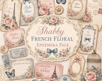 May include: A collection of paper ephemera featuring floral motifs, Eiffel Tower illustrations, blue butterflies, and vintage-style tags. The central oval label displays the text Shabby FRENCH FLORAL EPHEMERA PACK with blue bows and pink roses.