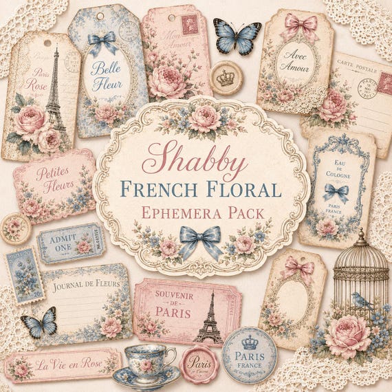 Shabby French Floral Ephemera Pack Digital Download Printable Tags Vintage