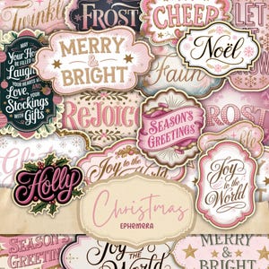 Pink Printable Junk Journal Christmas Words | Collage Sheet | Digital Journal Words Ephemera | Scrapbooking | Labels | Tags