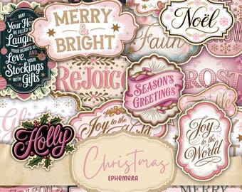 Pink Printable Junk Journal Christmas Words | Collage Sheet | Digital Journal Words Ephemera | Scrapbooking | Labels | Tags