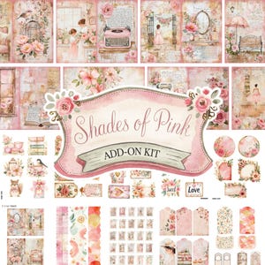 Kit diario vintage shabby chic con sfumature di rosa - Diario antico - Stampabile - Effimere floreali - JPG - Carta per album digitale