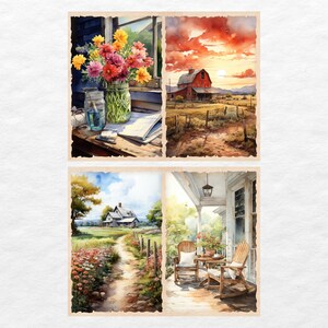 May include: A collage of four watercolor paintings depicting rural scenes. The top left image shows a bouquet of flowers in a glass jar on a wooden table. The top right image shows a red barn in a field with a sunset in the background. The bottom left image shows a path leading to a house in a field of flowers. The bottom right image shows a porch with two chairs and a table.