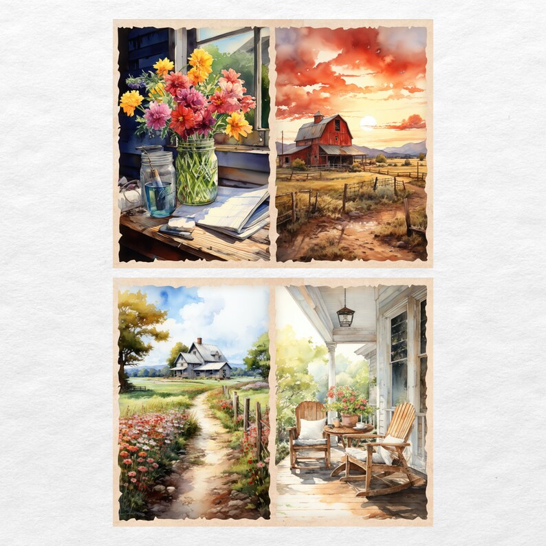 May include: A collage of four watercolor paintings depicting rural scenes. The top left image shows a bouquet of flowers in a glass jar on a wooden table. The top right image shows a red barn in a field with a sunset in the background. The bottom left image shows a path leading to a house in a field of flowers. The bottom right image shows a porch with two chairs and a table.