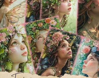 Páginas de diario de hadas de verano, imprimibles de collage de hadas de fantasía, kit digital de hadas, colección de estaciones de hadas, álbum de recortes de hadas del bosque