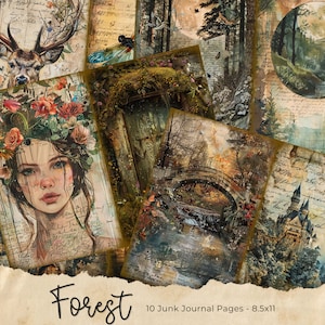 Dark Forest Junk Journal Seiten, druckbares Collage Sheet, digitales Scrapbook-Papier, Aquarell Wald Ephemera Kit, Vintage Bäume Hintergrund