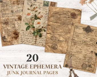 Vintage Ephemera Junk Journal Kit - 20 utskrivbara Ledger-sidor, vykort och kvitton - Digitala nedladdningsbara scrapbook-papper - Kommersiellt bruk