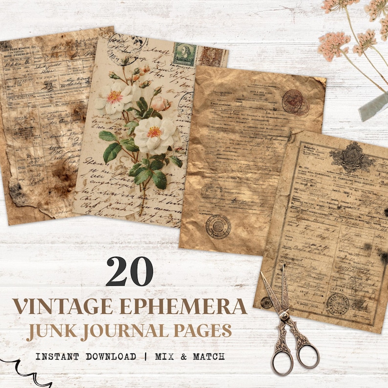 Vintage Ephemera Junk Journal Kit - 20 Printable Ledger Pages ...