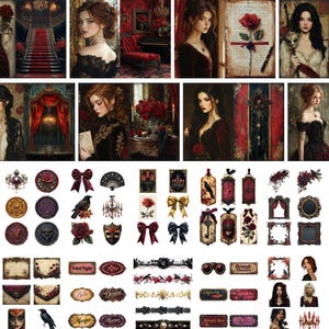 May include: A collage of gothic-themed art and decorative elements. Includes portraits of women in dark attire, red roses, bows, tags, and ornate frames. The color palette is dominated by deep reds, blacks, and golds, evoking a vintage aesthetic.