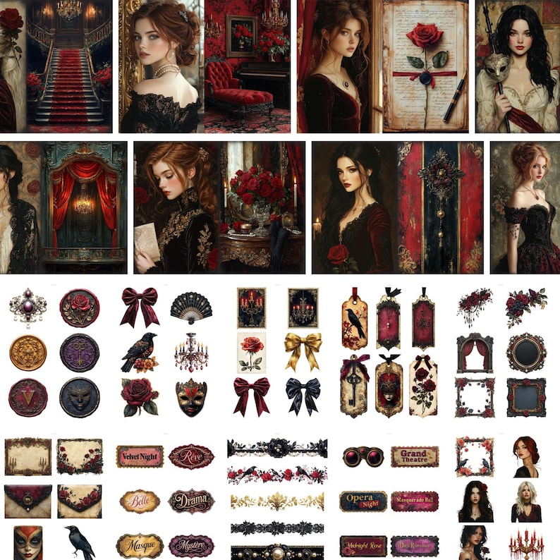 May include: A collage of gothic-themed art and decorative elements. Includes portraits of women in dark attire, red roses, bows, tags, and ornate frames. The color palette is dominated by deep reds, blacks, and golds, evoking a vintage aesthetic.