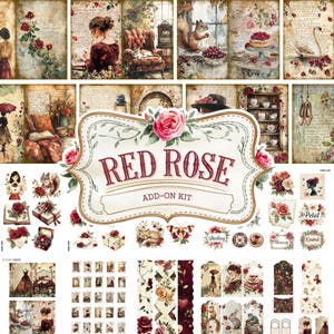 Shabby Chic Red Rose Add On Junk Journal Kit (afdrukbare JPG-pagina's met kortstondige, tags), Pastel, Bird, Rose Digitaal papier, Digitale download