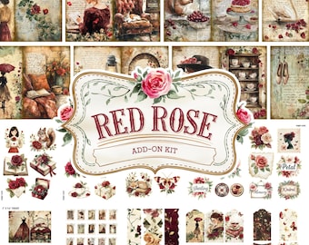 Könnte beinhalten: Eine Collage von Scrapbook-Elementen im Vintage-Stil mit romantischem Thema. Das zentrale Design zeigt ein Banner mit dem Text "Red Rose Add-On Kit". Enthält Bilder von Rosen, Damen, Eichhörnchen und anderen dekorativen Elementen in einer weichen, gedämpften Farbpalette.