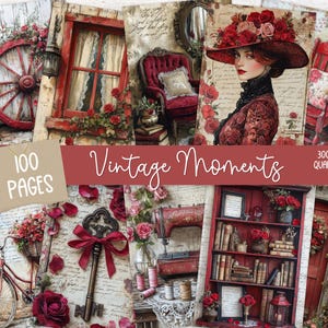 100 rode vintage pagina's voor plakboek en junkdagboek, digitaal papier, antiek, ephemera, collageafbeeldingen, afdrukbare afbeeldingen, rustiek platteland