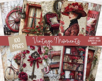 May include: A digital collage sheet with 100 pages of vintage images. The images include a red wagon wheel, a red armchair, a red bookshelf, a red sewing machine, a red door, and a woman in a red dress. The collage sheet is 300 DPI and 8.5 x 11 inches.