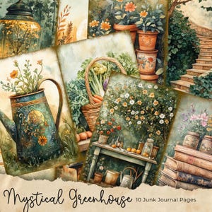 Mystical Greenhouse Junk Journal Pages – Páginas imprimíveis com tema de plantas mágicas com jardinagem vintage e itens efêmeros encantados