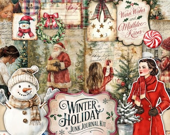 May include: A collage of Christmas-themed ephemera, including a snowman, Santa Claus, and a woman in a red coat. The words "Winter Holiday Junk Journal Kit" are displayed on a decorative sign. The color palette includes red, green, and cream.
