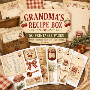 May include: A collection of printable recipe pages and ephemera featuring the text Grandma's Recipe Box. The set includes recipe cards, tags, and pockets decorated with illustrations of cherries, red gingham patterns, and kitchen items.