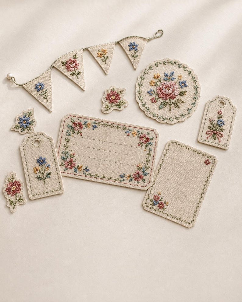 May include: A collection of beige linen fabric items featuring delicate floral embroidery in pink, blue, and yellow. The set includes a triangular bunting banner, a circular scalloped coaster, two rectangular gift tags with eyelets, and two blank labels.