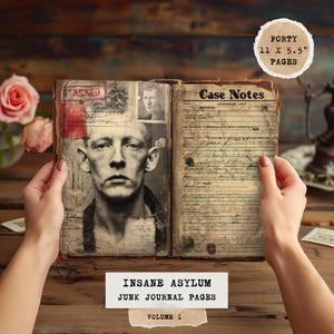 Puede incluir: Diario vintage abierto con el texto "Case Notes" y "Insane Asylum Junk Journal Pages Volume 1." El diario presenta un retrato en blanco y negro y notas manuscritas. El diario tiene 40 páginas, cada una de 28 x 14 cm.