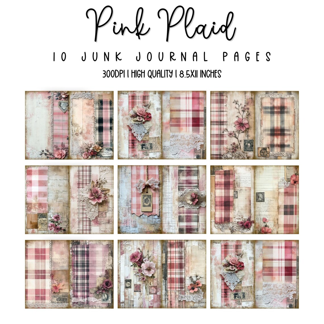 Pink Plaid Junk Journal Pages, Digital Papers, Printable Journal Pages ...