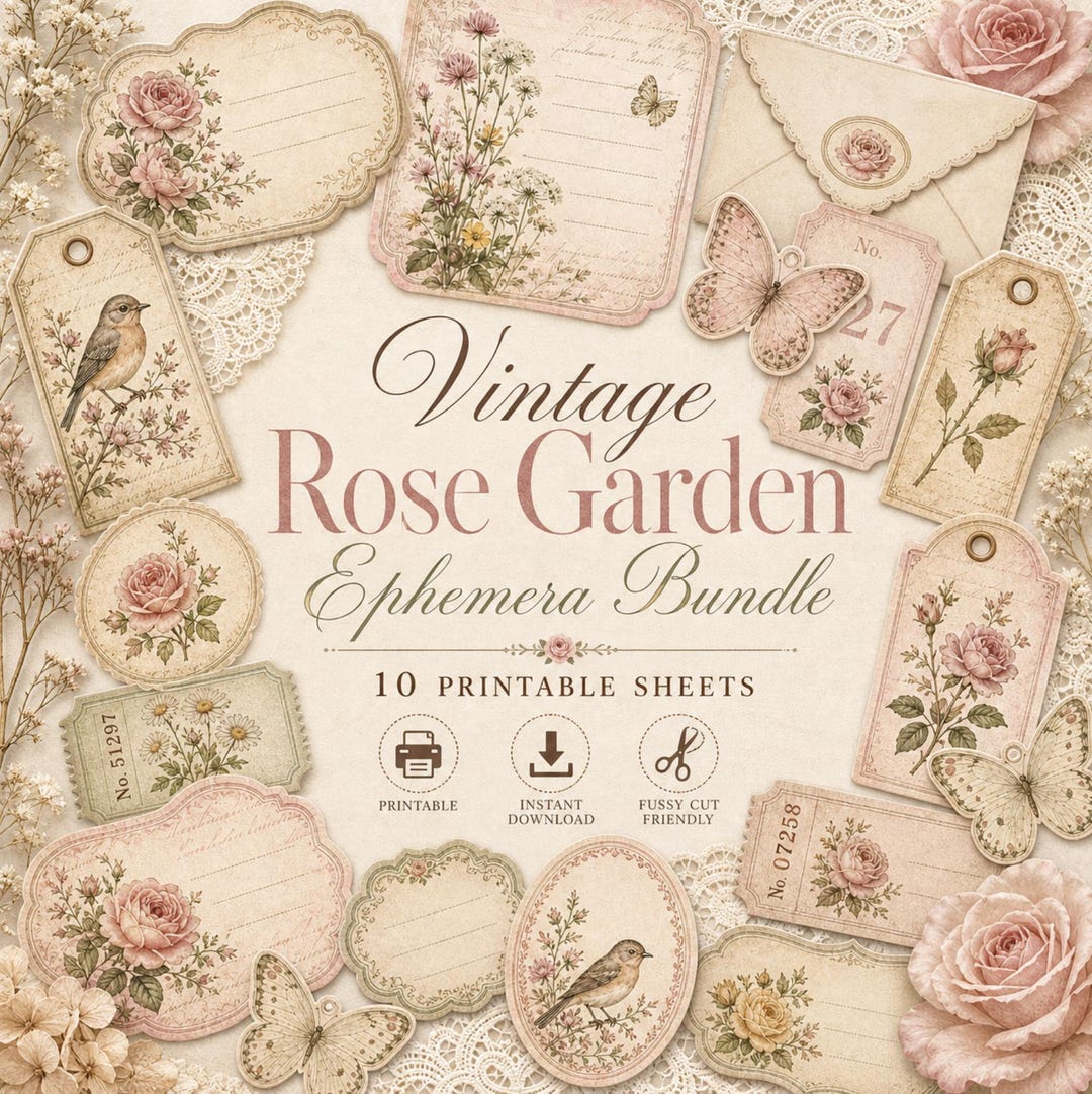Vintage Rose Garden Ephemera Bundle, Printable Junk Journal Kit, Floral ...