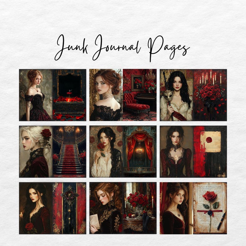 Vamp Romantic Junk Journal Kit, Gothic Romance Printable, Dark Academia Ephemera, Vampire Aesthetic Journal Pages, Vintage Gothic Journal image 3