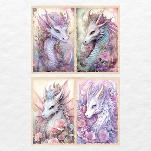 May include: Four digital art prints featuring white dragons with floral accents. Each print has a different dragon with a unique floral design. The dragons are depicted with delicate wings and intricate scales.