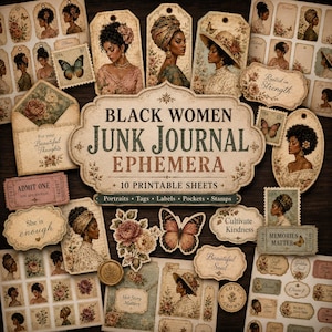 Puede incluir: Una colección de efímeros para diario de estilo vintage con retratos de mujeres negras, ilustraciones florales, mariposas y sellos. La etiqueta central dice Black Women Junk Journal Ephemera 10 Printable Sheets, Portraits, Tags, Labels, Pockets, Stamps.