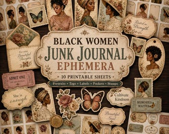 Puede incluir: Una colección de efímeros para diario de estilo vintage con retratos de mujeres negras, ilustraciones florales, mariposas y sellos. La etiqueta central dice Black Women Junk Journal Ephemera 10 Printable Sheets, Portraits, Tags, Labels, Pockets, Stamps.
