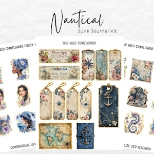 May include: A digital junk journal kit with a nautical theme. The kit includes images of a compass, anchor, seashells, a map, and a seahorse. The kit also includes text that says "Moon light Sail", "Harber Sal Harbor Festival", and "Nautical Junk Journal Kit".