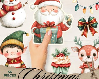 Söta jultomte-inspirerade klipp: Vintage utskrivbara småteckningar för skräpjournaler, digitala nedladdningsklistermärken och scrapbooking
